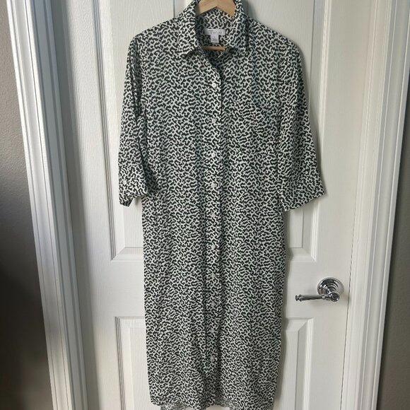NORDSTROM SIGNATURE Utility Stretch Silk Button Down Shirtdress Ivory-Green Geo